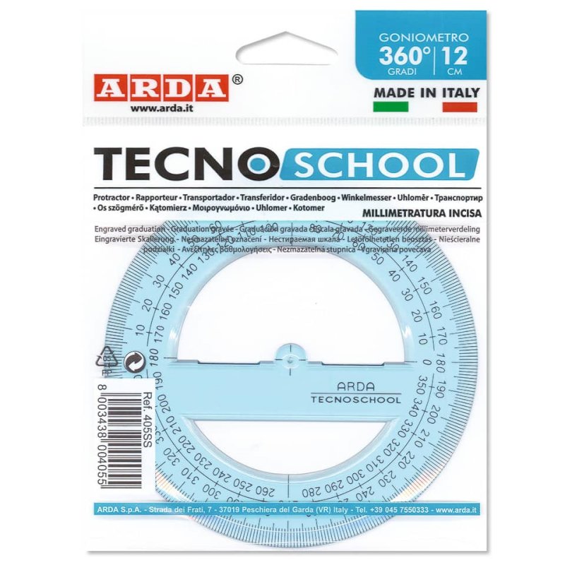 Goniometro ARDA Linea Tecnoschool polistirolo termoresistente azzurro  trasparente 360° 12 cm - 405SS