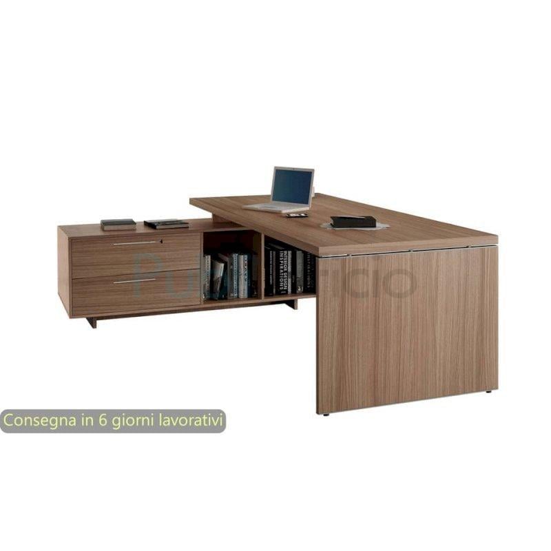 Scrivania ad angolo Compact piano rovere 180x120xH.73 cm gamba a L in  metallo + supporto lato sinistro - linea Flex