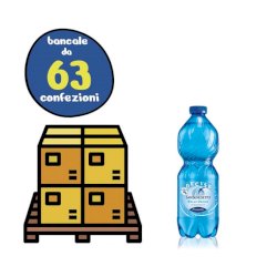 Bancale 63 confezioni da 24 bottigliette di acqua minaerale frizzante San Benedetto da 500 ml, proveniente dalle Alpi Biellesi.