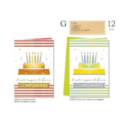 Biglietti augurali compleanno Cromo assortiti in 2 soggetti torta e candeline - conf. 12 pz - BC.8112