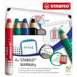 Astuccio da 4 matitoni Stabilo MARKdry mina XXL + panno e temperino assortiti 648/4