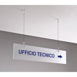 Targa sospesa in acrilico bisatinato 60x15 cm Tecnostyl con cavetti per fissaggio soffitto silver/bianco- TS6015