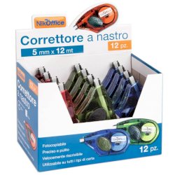 Espositore 12 correttori a nastro Nikoffice 12 m x 5 mm - colori assortiti - 22NIK030