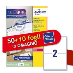 Etichette bianche Avery Ultragrip & Jamfree™ adesivo permanente laser 2 et./foglio conf. 50+10 ff OMAGGIO