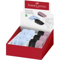 Display gomma Faber-Castell mini sleeve 24 pezzi - colori assortiti nero, blu, rosa - 182477