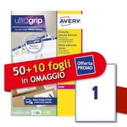 Etichette bianche Avery Ultragrip & Jamfree™ adesivo permanente laser 1 et./foglio conf. 50+10 ff OMAGGIO