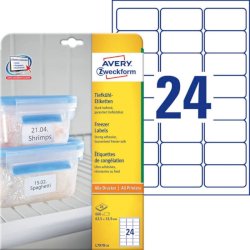 Etichette permanenti per freezer Avery 63,5x33,9 mm bianco - 24 et./foglio - laser/inkjet - cf. 25 fogli L7970-25