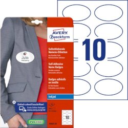 Badge adesivi per tessuti ovali Avery 85x50 mm - 10 et/foglio - stampanti inkjet - Conf. 20 fogli - J4882-20