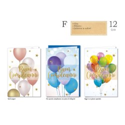 Biglietti augurali compleanno Cromo assortiti in 3 soggetti palloncini - conf. 12 pz - BC.8110